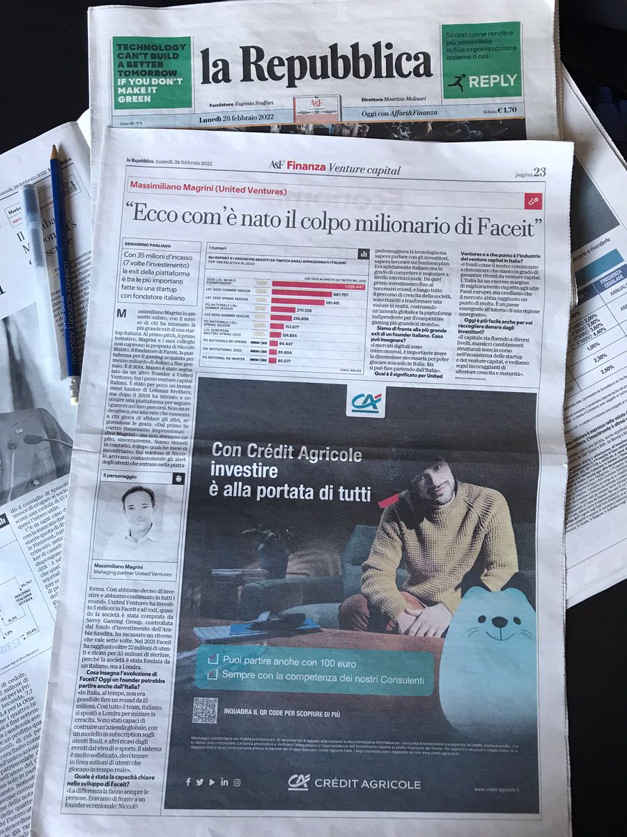 Oggi su <a href="/RepubblicaAF/">Repubblica Affari&Finanza</a> <a href="/massimag/">Massimiliano Magrini</a> racconta la #exit della nostra portfolio company <a href="/FACEIT/">FACEIT</a>, acquisita a fine gennaio da Savvy Gaming Group (SGG) per mezzo miliardo di dollari. Grazie <a href="/bpagliaro/">Beniamino Pagliaro</a> per la bella intervista! #pressreview #venturecapital #italianfounders #UV1