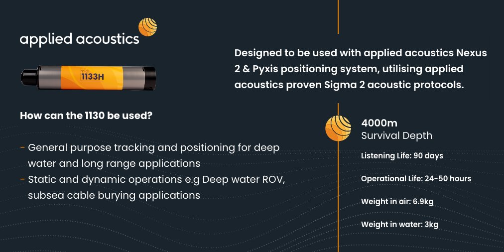 aaetechnologies's tweet photo. Did you know our 1130 Series Midi Beacons are designed to be used with applied acoustics Nexus 2 & Pyxis positioning systems?
Find out more about key features and applications👇
https://t.co/urP0vwgMih
#PositioningBeacons #UnderwaterTechnology #SubseaEngineering https://t.co/0BTJtSPDP4
