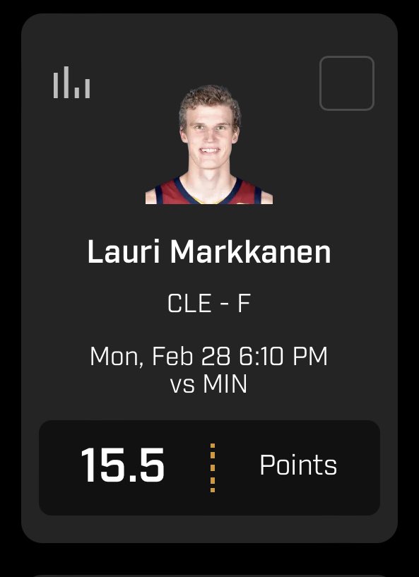 This feels low. Markkanen has led the Cavs is scoring and shots in both games so far without Garland. With Garland out again today, this could be a good play based on the expected volume.