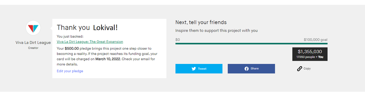 I did a thing. I love Viva La Dirt League, and even though I don't know where the next little bit will end up taking me, I will very much enjoy being part of this kickstarter. Most probably. <a href="/vivadirt/">Viva La Dirt League</a> <3