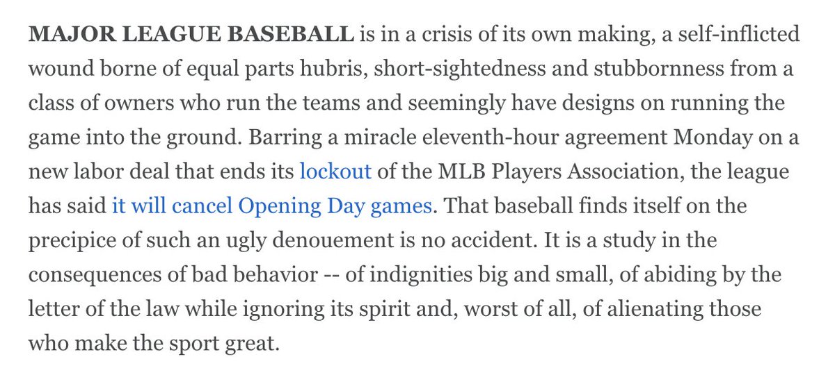 MLB did this. The owners' arrogance. The mistreatment of players. As the league threatens to turn its lockout into a canceled Opening Day, the story of how something so very avoidable grew into Rob Manfred's disastrous outcome.

Free and unlocked at ESPN:
es.pn/3IuPlaN