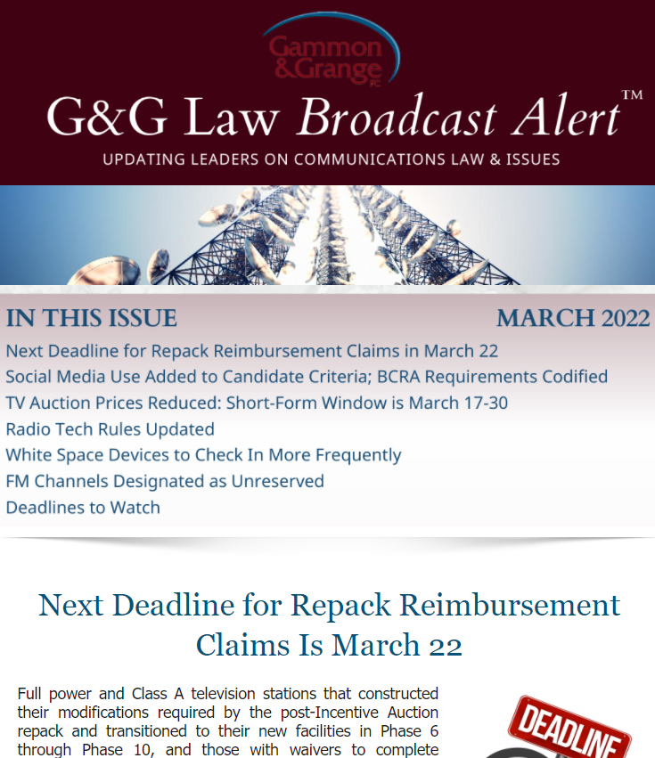 Be ready for March with G&amp;G's Broadcast Alert on March deadlines and FCC and communications law news. Subscribe for free via gg-law.com or read the online version here: conta.cc/3pnIgRE