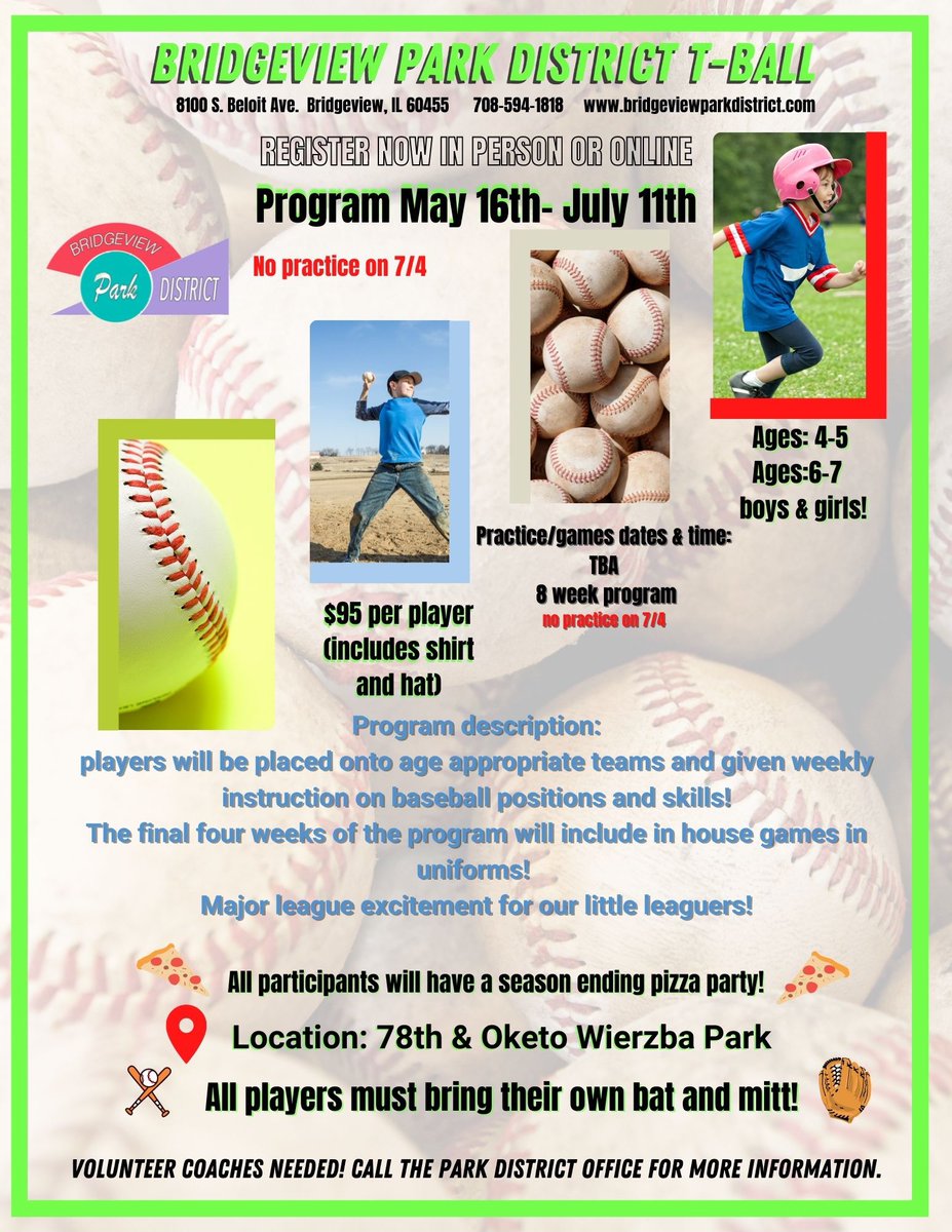 ParkBridgeview's tweet photo. SPRING IS COMING!! Join Bridgeview Park District Athletics for two great Spring programs!! Soccer starts in March &amp; Baseball/Tball in May!! Be a part of it! #PLAY⚽⚾ https://t.co/D7w7sJEaw3