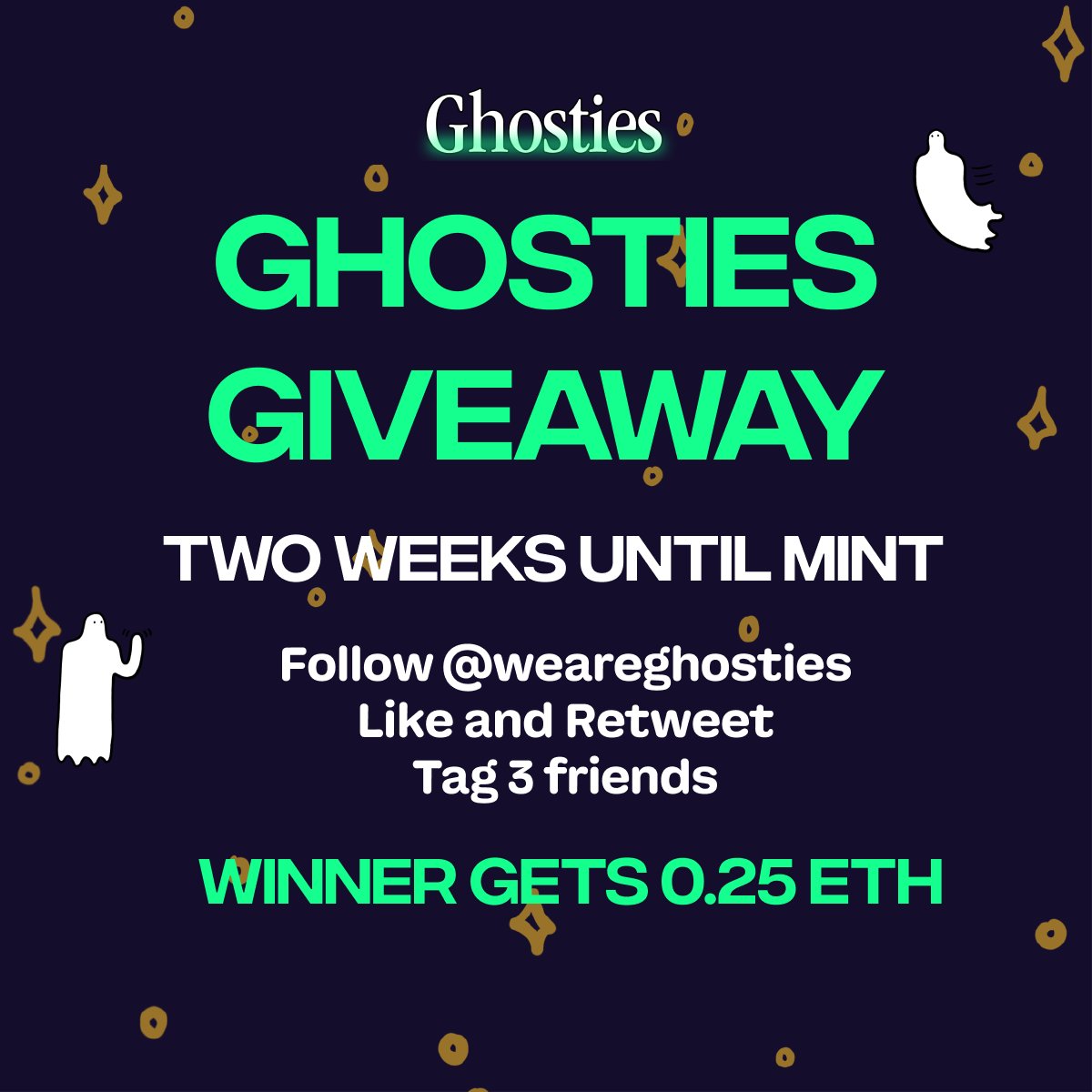 weareghosties's tweet photo. 👻🚨 GHOSTIES ETH GIVEAWAY 🚨👻

GIVING AWAY 0.25 ETH 💸
TWO WEEKS UNTIL MINT👻

STEPS TO ENTER: 
1️⃣: Follow @weareghosties 
2️⃣: Like and Retweet
3️⃣: Tag 3 friends https://t.co/AYaoL7KsAs