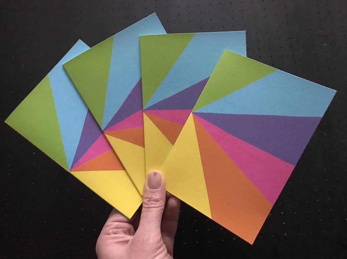KarolineRerrie's tweet photo. Chopped up some #testprints & made them into cards. They’re so bright & colourful, maybe they’ll cheer someone up! The weather is so miserable & the news is so bad. Doing my best to switch off from it all & #screenprinting usually helps with that. https://t.co/Xlt0hKkDmk