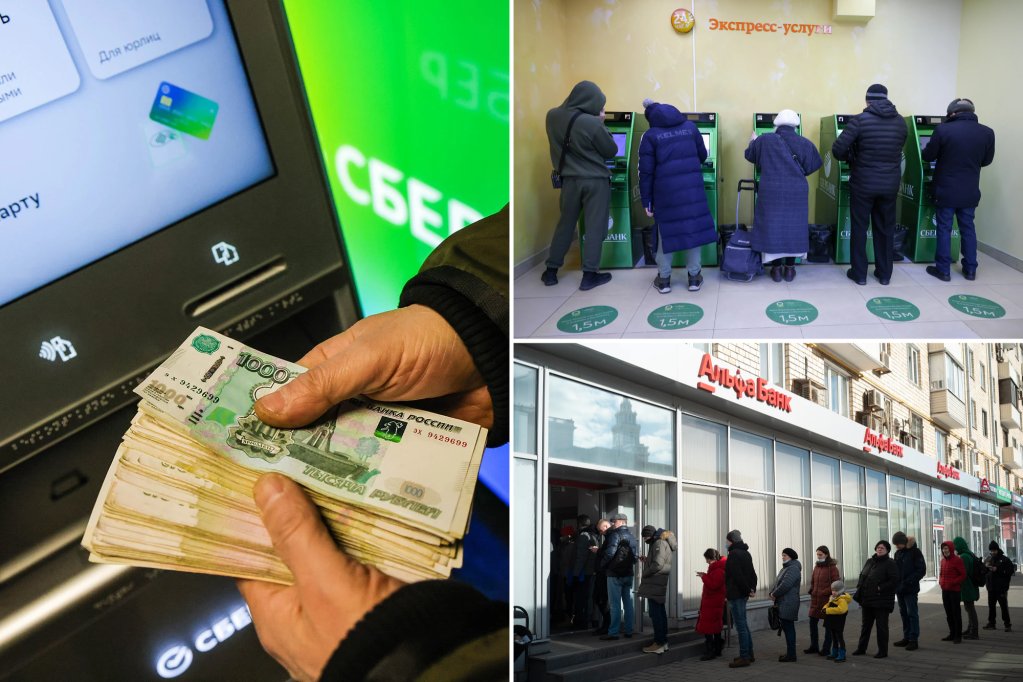 nypost's tweet photo. Russians rush to ATMs as ruble hits record low over Ukraine war sanctions https://t.co/1QD23riS0m https://t.co/B9sujW3QIJ