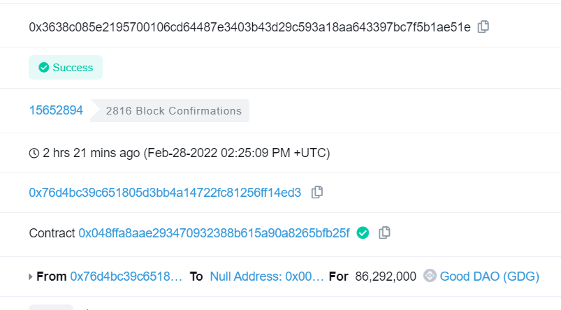 Good_DAO's tweet photo. The #GDG that purchased the blind box has been destroyed 86292000.
Transaction Hash：0x3638c085e2195700106cd64487e3403b43d29c593a18aa643397bc7f5b1ae51e
#GDG #NFT https://t.co/MtGILnvdBl