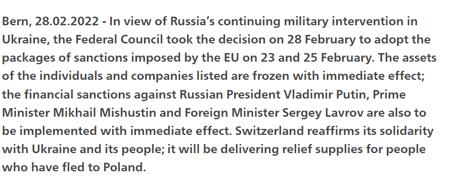 🇨🇭's status as a neutral state remains unchanged.Neutrality does not imply to be indifferent with regard to violations of international law.Measures adopted by the Federal Council are in accordance with🇨🇭’s international law obligations as a neutral state.bit.ly/3plkqWU