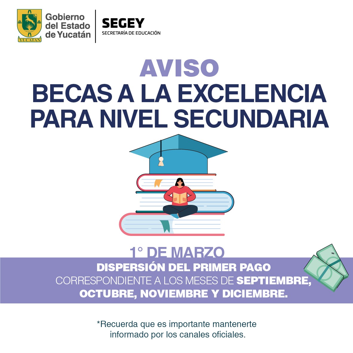 #AVISO
Les compartimos que el primer pago del Programa #BecasALaExcelencia Académica, Artística y Deportiva del nivel #Secundaria 2021-2022, se depositará mañana 1° de marzo. Si tienes alguna duda, puedes comunicarte al 999 938 09 57 ext. 212 o 224 en horario de 9:00 a 14:00 h.