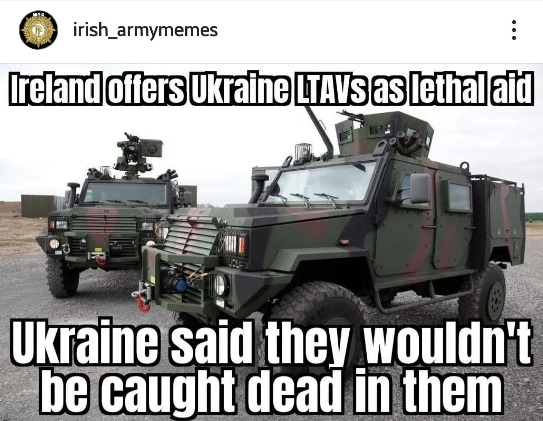 We should give them to the Russians.. to help the Ukranians.
#defenceforcesireland <a href="/simoncoveney/">Simon Coveney</a>

Original post: instagram.com/p/Cag1clBApTY/…