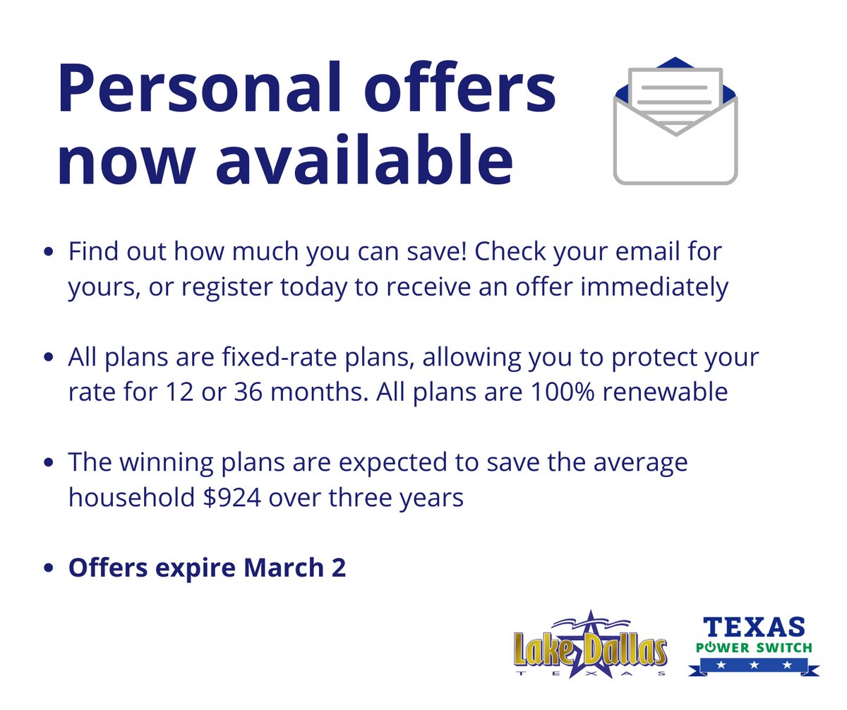 CityLakeDallas's tweet photo. For residents taking part in Texas Power Switch, the decision deadline is March 2. More information can be found via: https://t.co/p3d9uPkI1m https://t.co/P5qQ4CJzyR