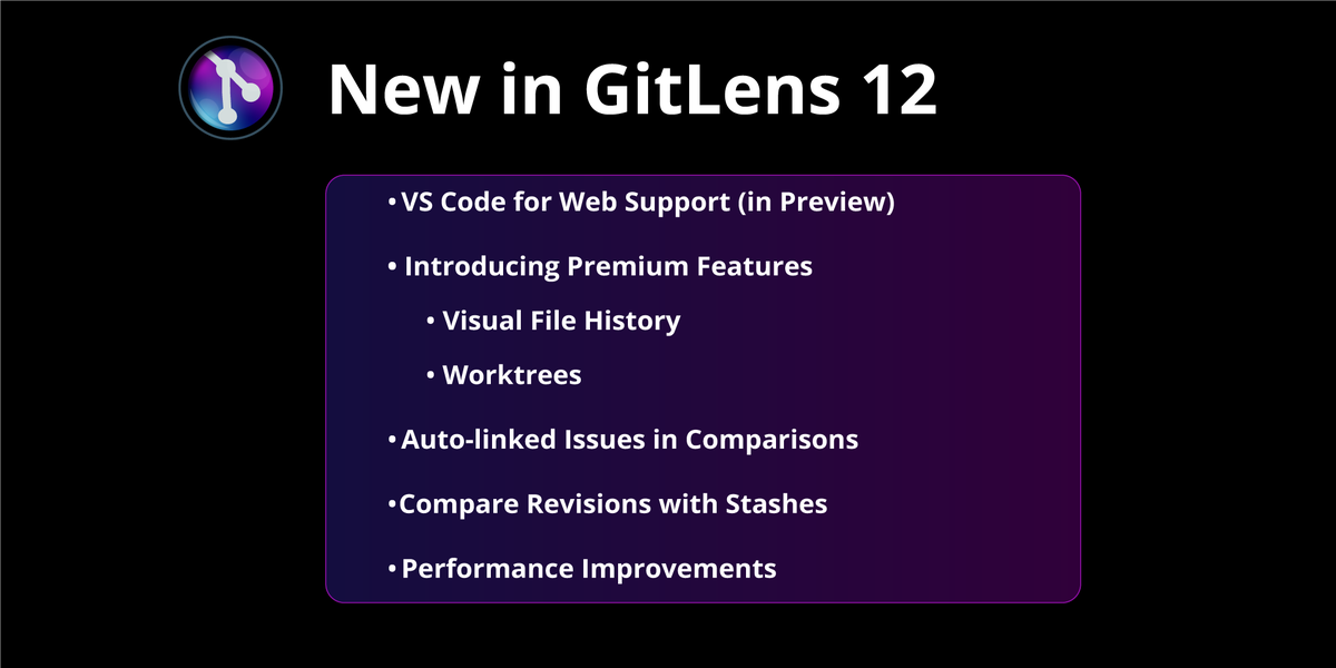 gitlens's tweet photo. 📣 GitLens 12 is here! 🎉

🌳Worktrees - manage Git worktrees - work in multiple branches simultaneously 💥
🗂Visual File History - quickly see more info on file changes 👀
👩‍💻Support for VS @code for the Web with @github Repos 👨‍💻

Get the full scoop: https://t.co/lySlN7YgeN https://t.co/VkgV2c784C