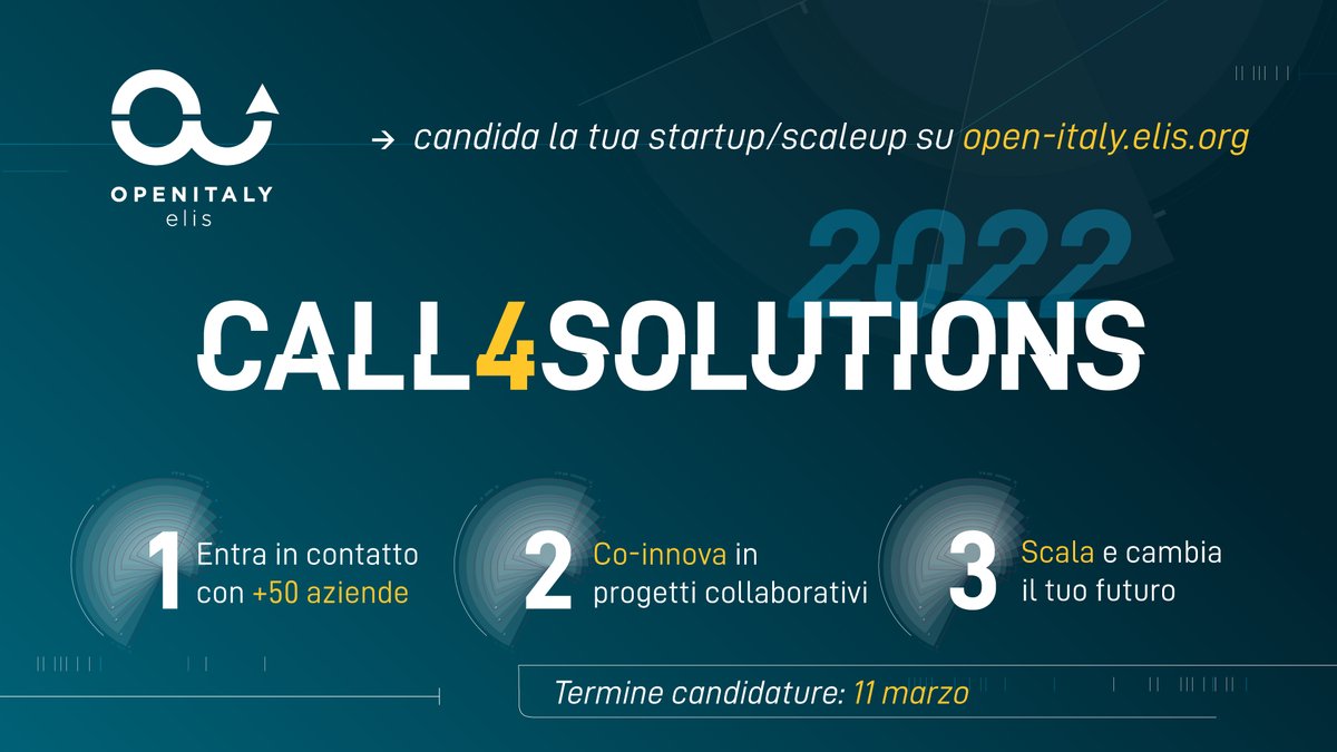 INNOVUPnet's tweet photo. 🚀 Il programma di co-innovazione #OpenItaly promosso dal Consorzio ELIS è ripartito per un nuovo anno.
⏰ La Call4Solutions terminerà ufficialmente venerdì 11 marzo 2022.
Se vuoi salire a bordo, scopri i requisiti e candidati alla #Call4Solutions di OPEN ITALY 2022 https://t.co/wVCLD01ntQ