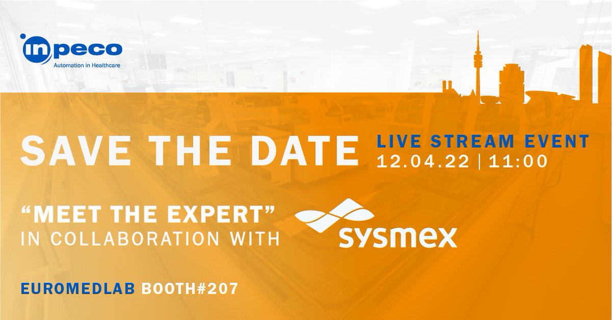 InpecoHealth's tweet image. Get ready for the @SysmexEurope x #Inpeco "Meet the Expert" session at #EuroMedLab2021 and discover the future of laboratory automation. 

#TailorMadeAutomation #ChangingUrinalysis