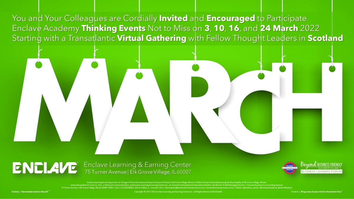 JohnRDallasJr's tweet photo. Each March, @EnclaveAcademy offers clever #ThinkingEvents to get minds ready for #spring's fresh starts. If you're located near #Chicago's @fly2ohare, please come to @enclave_center in @EGVBusinessPark. If you are elsewhere, you may qualify for virtual participation. DM for info. https://t.co/Q7mnG72zqI