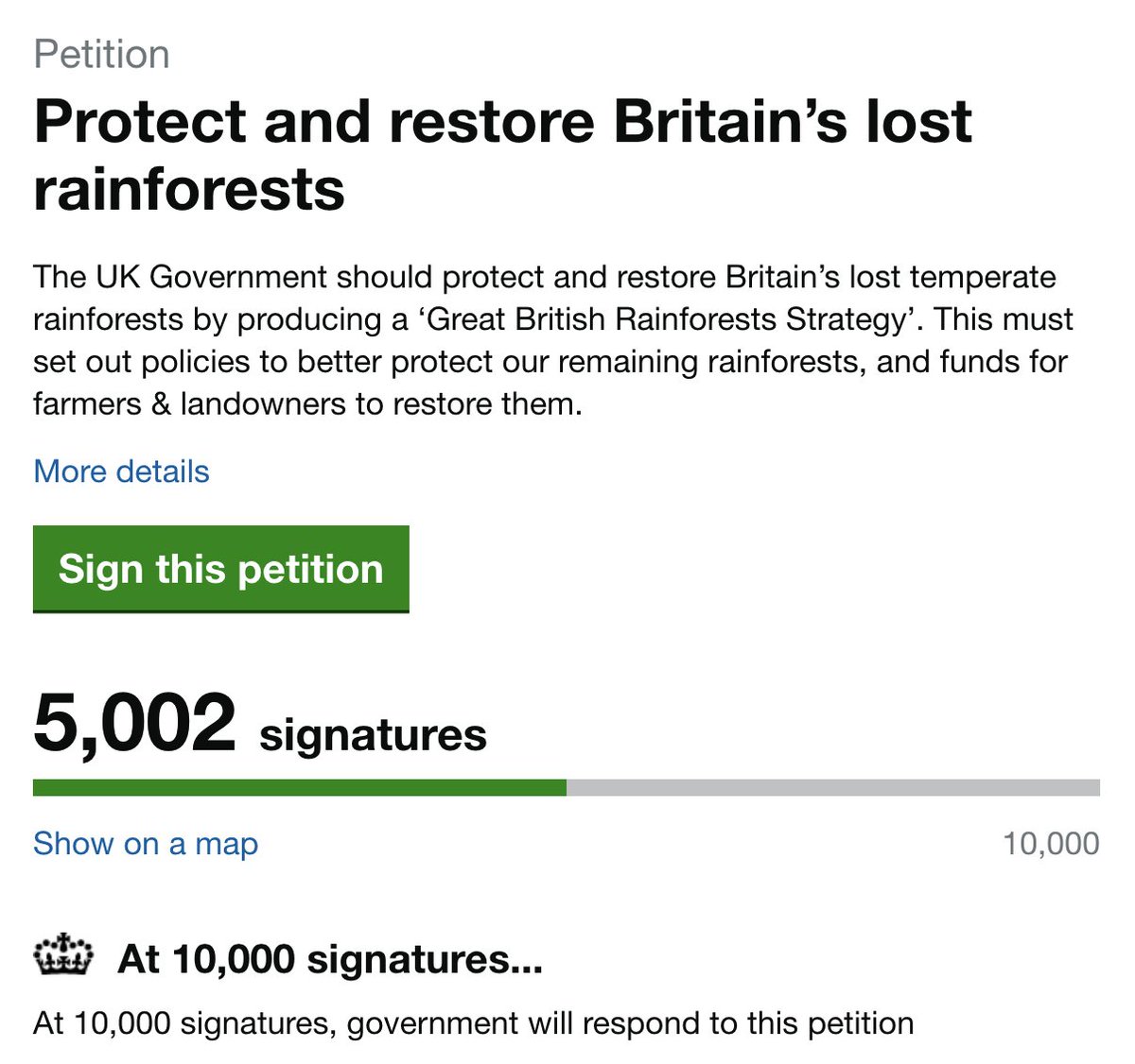 Huge thanks to the 5,000 people who've now signed my petition to protect & restore Britain's lost rainforests! We're halfway to getting a Govt response - can you help us reach 10,000 signatures by signing & sharing? petition.parliament.uk/petitions/6084…