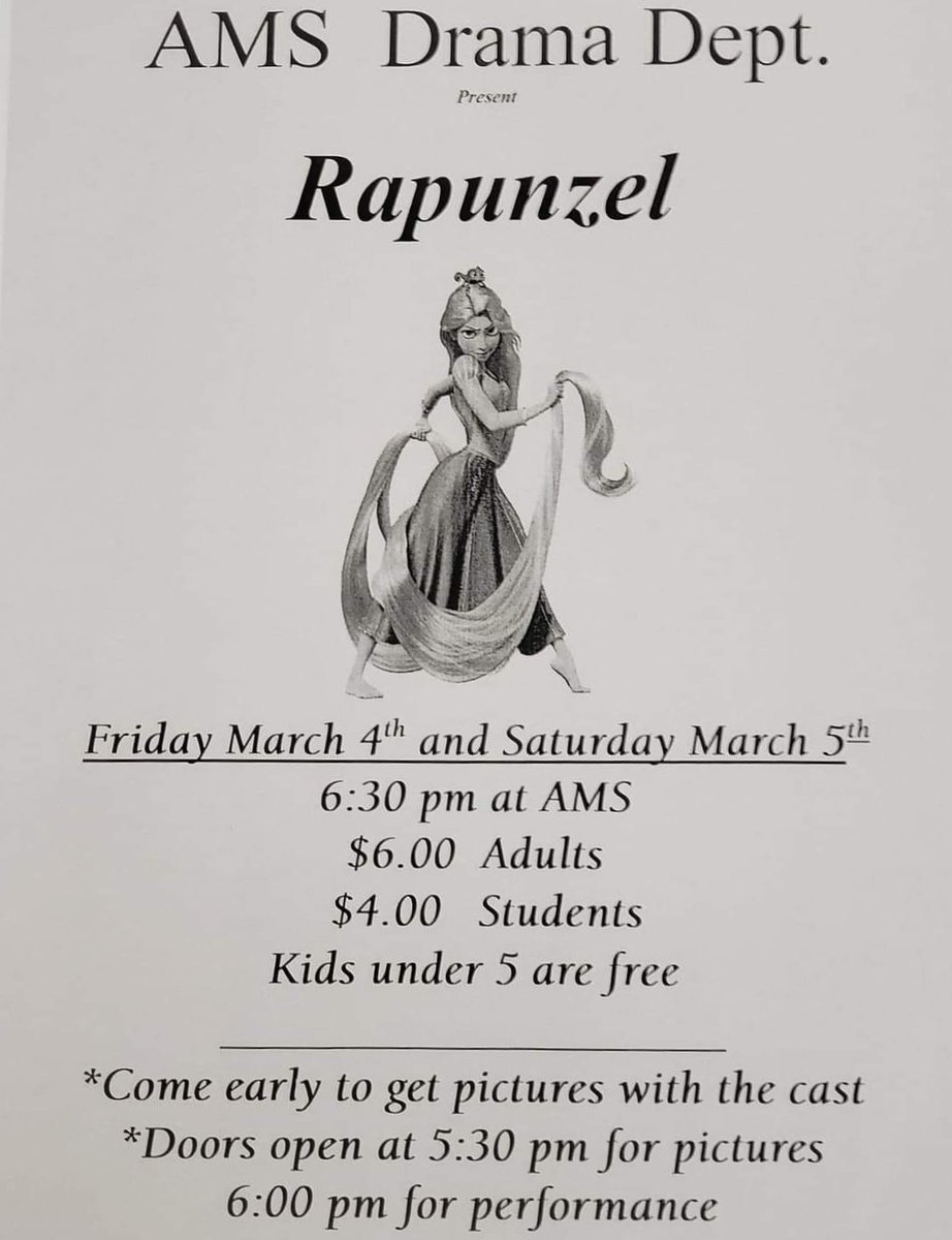 AFalconFacts's tweet photo. The AMS Drama Club presents Rapunzel! Join us March 4th &amp; 5th. Tickets will be sold at the door. Only cash will be accepted. https://t.co/reRb9yXtUx