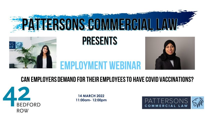PattersonsLaw's tweet photo. The first of our PCL Webinar Series starts off with our Employment Team, headed by Ruby Rai who will be presenting alongside Safia Tharoo. To join, click here https://t.co/SyGtJlm6cf                                  #PCLwebinarseries #covid #employment https://t.co/PUTdT0Ro2m