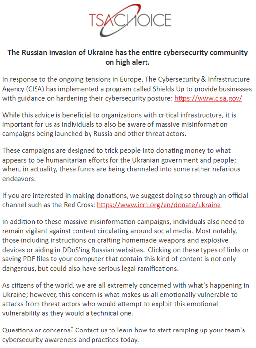 ISA_AVL's tweet photo. Our incredible friends over at @TSAChoice, sent out some interest peaking pointers about Cyber and the current world events. Read some more below: ⬇️

🔒Links for Cyber Security Shields Up: https://t.co/mNjyLJ5crD https://t.co/aNhzyQ0y8V