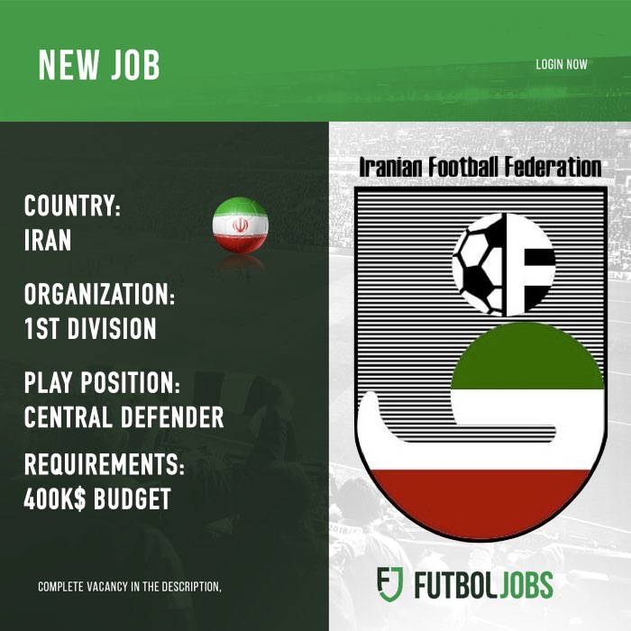 FutbolJobs_EN's tweet photo. ⚽ 𝗡𝗘𝗪 #𝗝𝗢𝗕 
🇮🇷 #CentralDefender for Iranian 1st division club
🔗 https://t.co/YjCTVvfsZz
💻 #𝗙𝗨𝗧𝗕𝗢𝗟𝗝𝗢𝗕𝗦 https://t.co/P1keOVF0Nn
