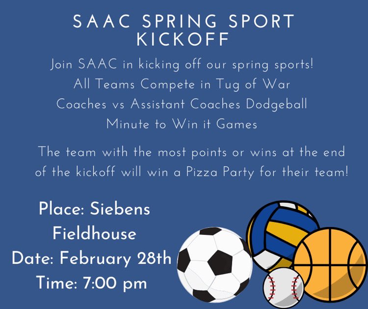 BVU_SAAC's tweet photo. TONIGHT IS THE NIGHT!!

Join us at 7:00 tonight to kick off our spring athletic seasons. All teams will be competing for a pizza party. We’ll see you there! https://t.co/NZl0k1pGwH