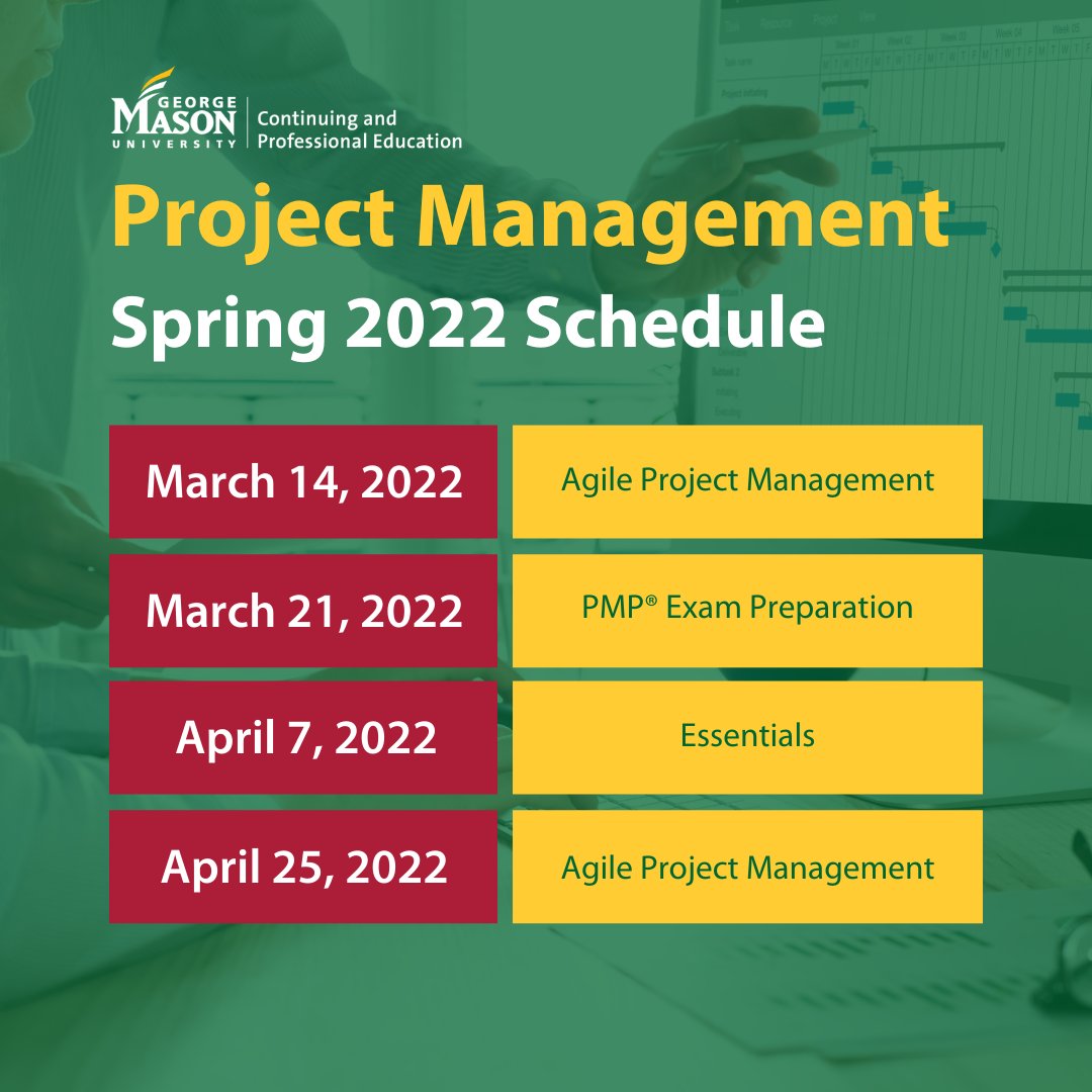Mason_CPE's tweet photo. Happy #ManagementMonday! Our #projectmanagement program, offered in partnership with @PMInstitute, is offering #essentials, #agilepm, and #pmpexamprep. These courses also count for our PM #certificate series. Learn more &amp; register: https://t.co/WZ9vGm5LK1 https://t.co/vVS0YCy3zU