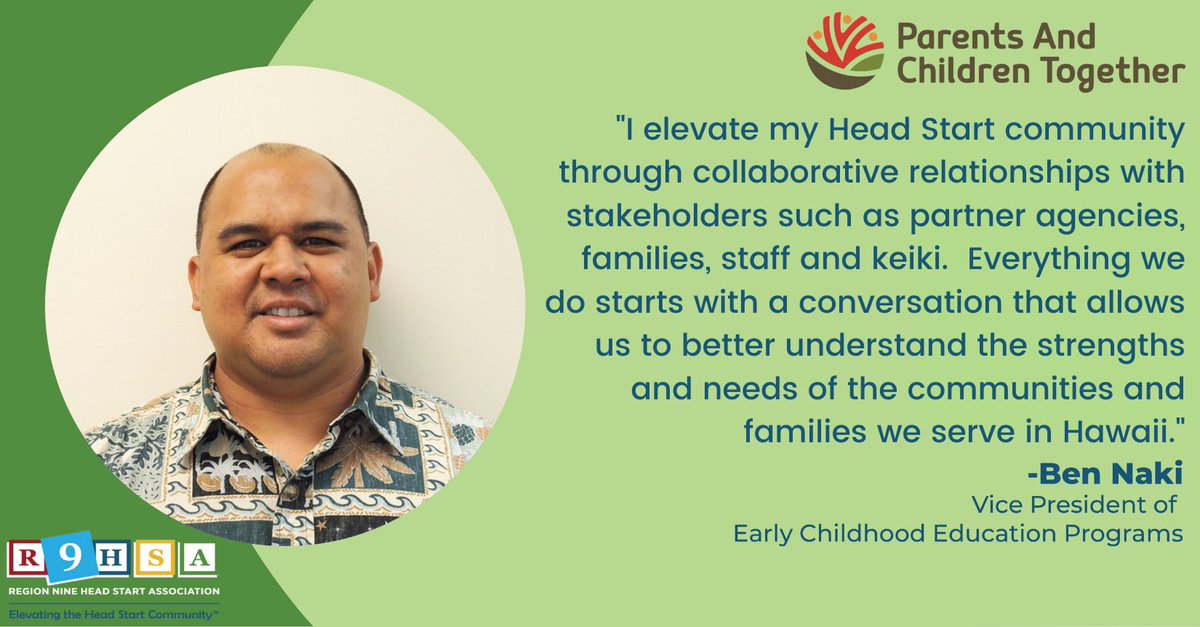 Region9HS's tweet photo. Today we're celebrating Ben Naki.
Please join us in celebrating Ben and all the work he does for his Head Start community in Honolulu, Hawaii.
In the comments below, please share with us how you elevate your own Head Start community.
#Membershipmondays #elevatingheadstart https://t.co/UOlhDHRrV7