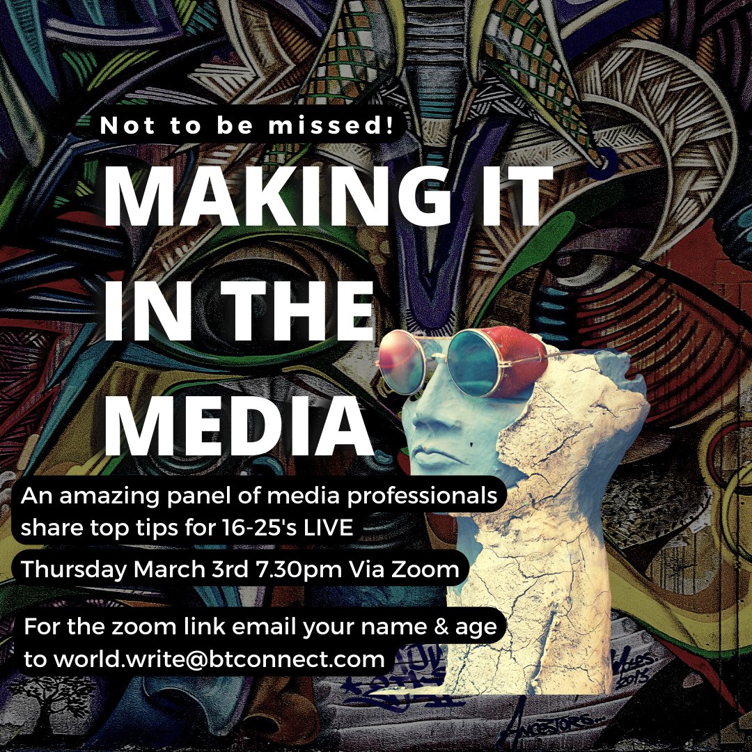 MsDingle's tweet photo. WORLDwrite is hosting an online session via Zoom this coming Thursday 3rd March at 7.30pm on ‘Making it in the media’. This is a session for young people aged 16-25 interested in pursuing a media career. To attend email world.write@btconnect.com + name + age for the Zoom link. https://t.co/y43nPsr0Mu