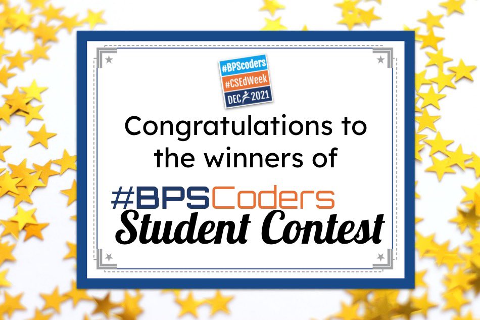 BPSTechnology's tweet photo. Drumroll please… 🥁 Please visit https://t.co/d131z3h1td for the results of the #BPSCoders contest! Thank you to all participants and @BostonSIM for sponsoring the contest! @BostonSchools https://t.co/bxzsrR0YHY