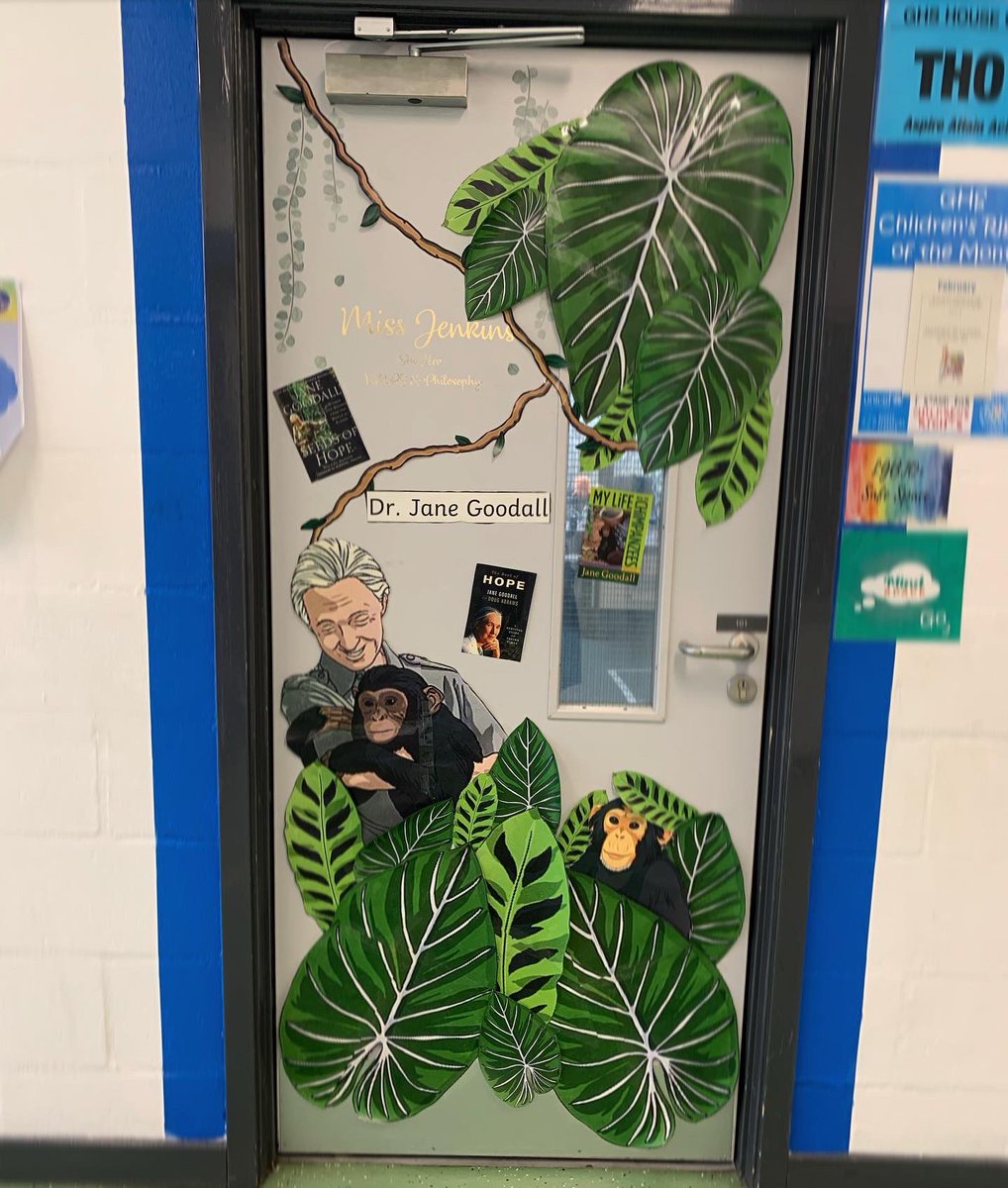 My classroom door is dedicated to Dr Jane Goodall to celebrate #InternationalWomensDay and #WorldBookDay 🐒🍃