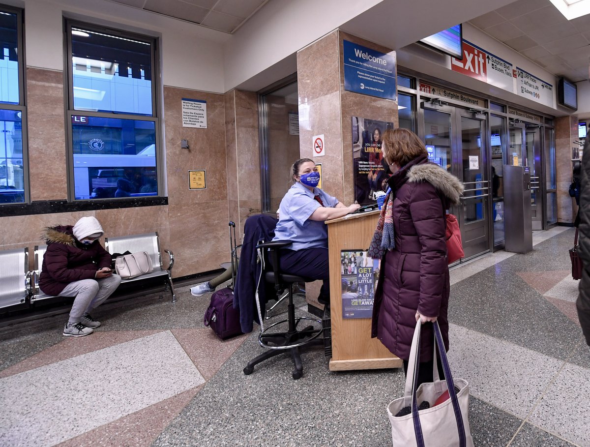 Interim LIRR President Cathy Rinaldi greeting station attendant inside the Jamaica Station waiting room. 
