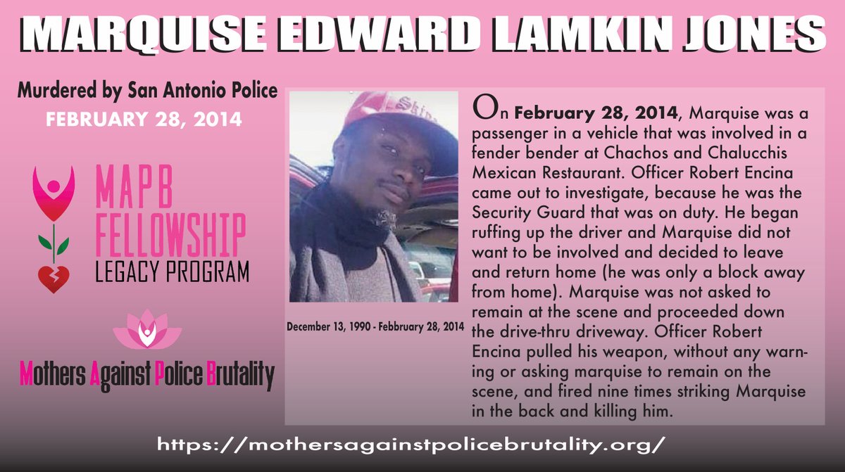 MAPB is honoring the life of Marquis Jones. On this day his life was stolen by San Antonio Tx Police.
 Deborah Bush Jones is a MAPB 2021 Legacy Fellow. 
#BlackHistoryMonth #stolenbirthdays #MAPB #UNHRC 
mothersagainstpolicebrutality.org