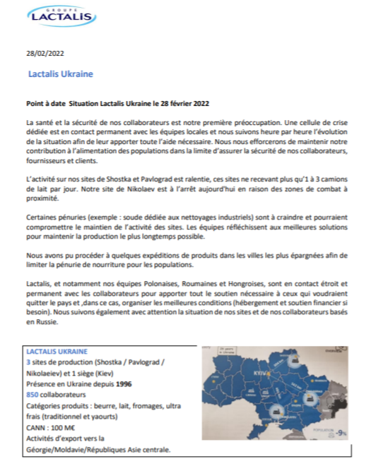 #Lactalis #UkraineCrisis Le point de Lactalis il y a 1 heure. La situation change d'heure en heure.