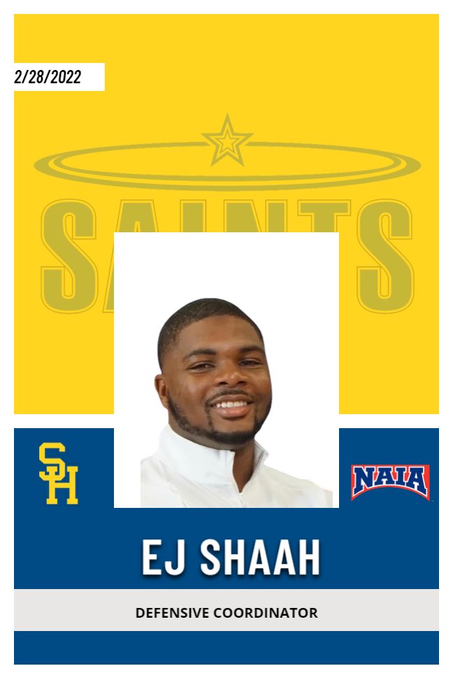 SienaHeightsFB's tweet photo. Please join us in welcoming our new Defensive Coordinator, EJ Shaah. EJ played linebacker during his collegiate career at Siena Heights and returns home to lead our Saints defense.  Let’s get to work coach! @ejshaah1 https://t.co/FzBpuSlU3W