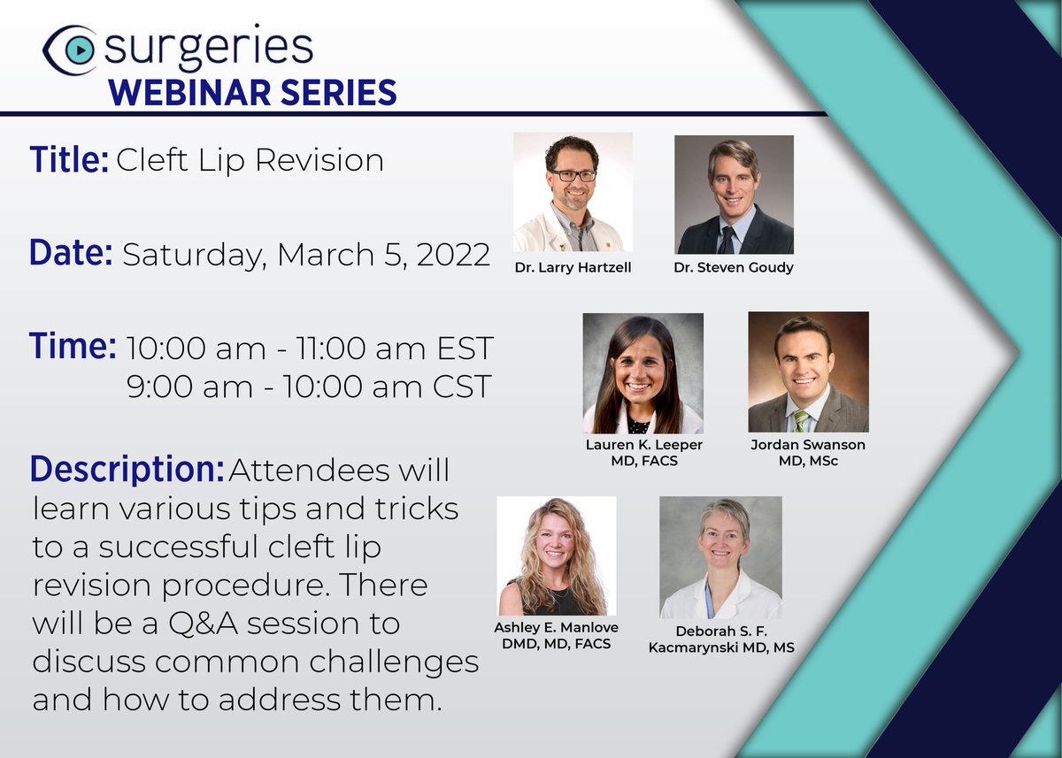 CSurgeries's tweet photo. If you haven't registered for our upcoming Cleft Lip Revision webinar yet, now is the time! Our expert panel of surgeons are ready to share their knowledge and experience with you! #csurgeries #medtwitter #meded #medicaleducation #medschool
https://t.co/WPJa9RQ7dT https://t.co/kfOmXGNhp2