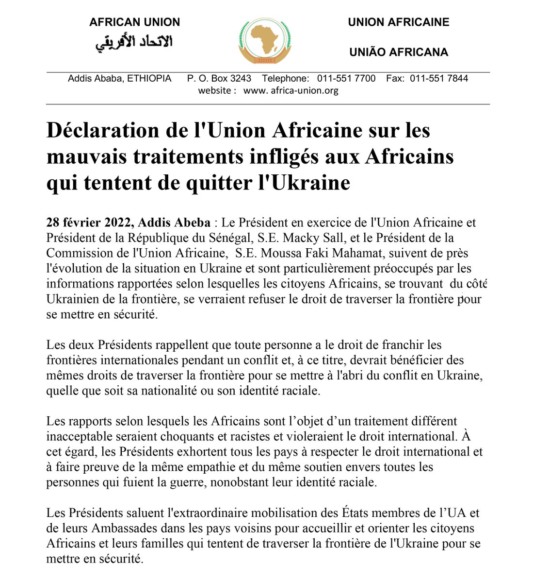 _AfricanUnion's tweet image. Déclaration de l'Union Africaine sur les mauvais traitements infligés aux #Africains qui tentent de quitter l'#Ukraine  : bit.ly/3ItTM5G
#AfricainsenUkraine