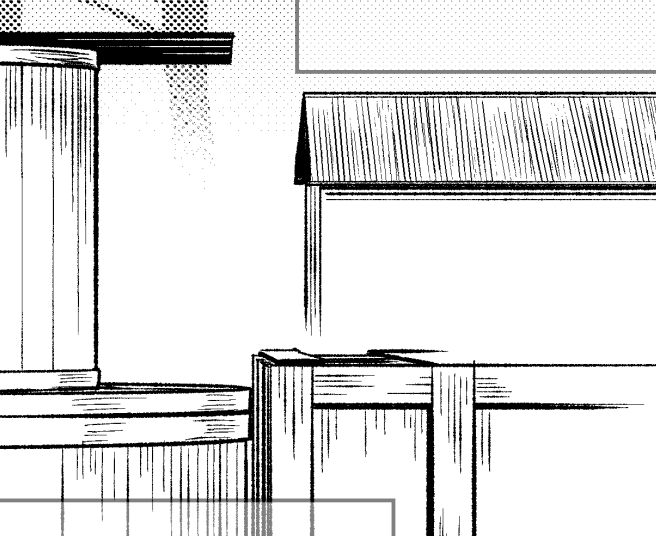 屋根のとこ、遠景で古っぽい質感出したいけど、キッチリしすぎる線はなんか違うし手書きするのもめんどいすぎる…という時にも動線ブラシは便利ですよ! (板のとこは手書き。)
