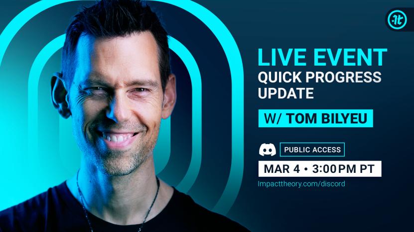 FoundersKey.io (@founderskeyio) on Twitter photo Join <a href="/TomBilyeu/">Tom Bilyeu</a> for another quick progress update!
๐ When: March 4, 2022 3:00 PM
๐บ๏ธ Where: Event Stage
๐ Link: ImpactTheory.com/Discord
Chat will take place in ๐ค-event-room-chat Join <a href="/TomBilyeu/">Tom Bilyeu</a> for another quick progress update!
๐ When: March 4, 2022 3:00 PM
๐บ๏ธ Where: Event Stage
๐ Link: ImpactTheory.com/Discord
Chat will take place in ๐ค-event-room-chat