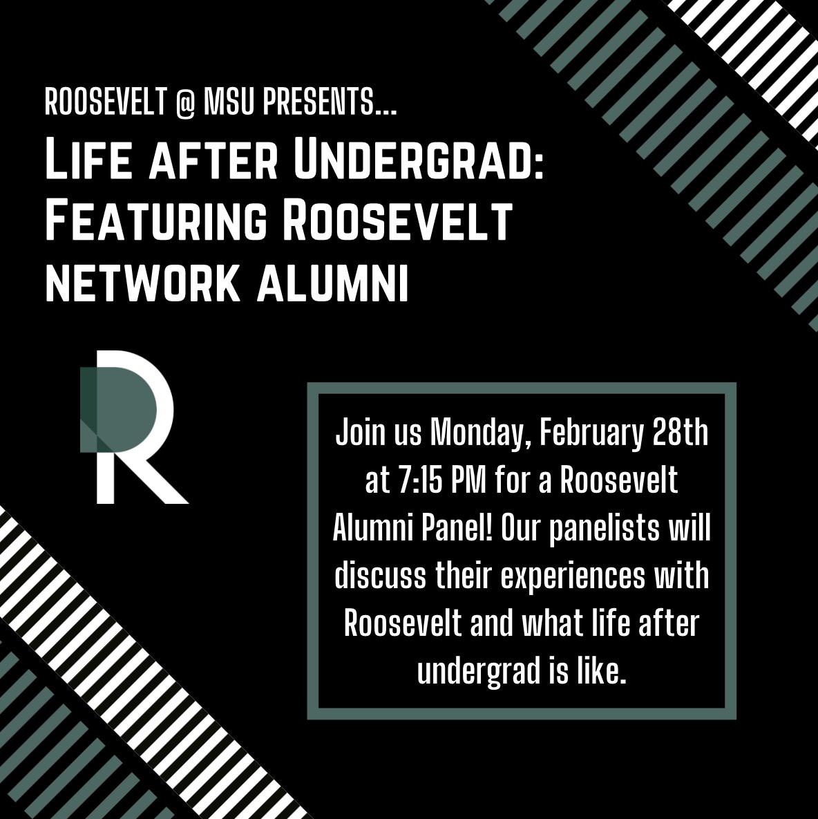rooatmsu's tweet photo. Hey Spartans!! TONIGHT at 7:15 pm we have our Roosevelt alumni panel!! We’re excited to see you all there! Feel free to bring friends that are new to Roosevelt too! https://t.co/9qIcdfaGEw