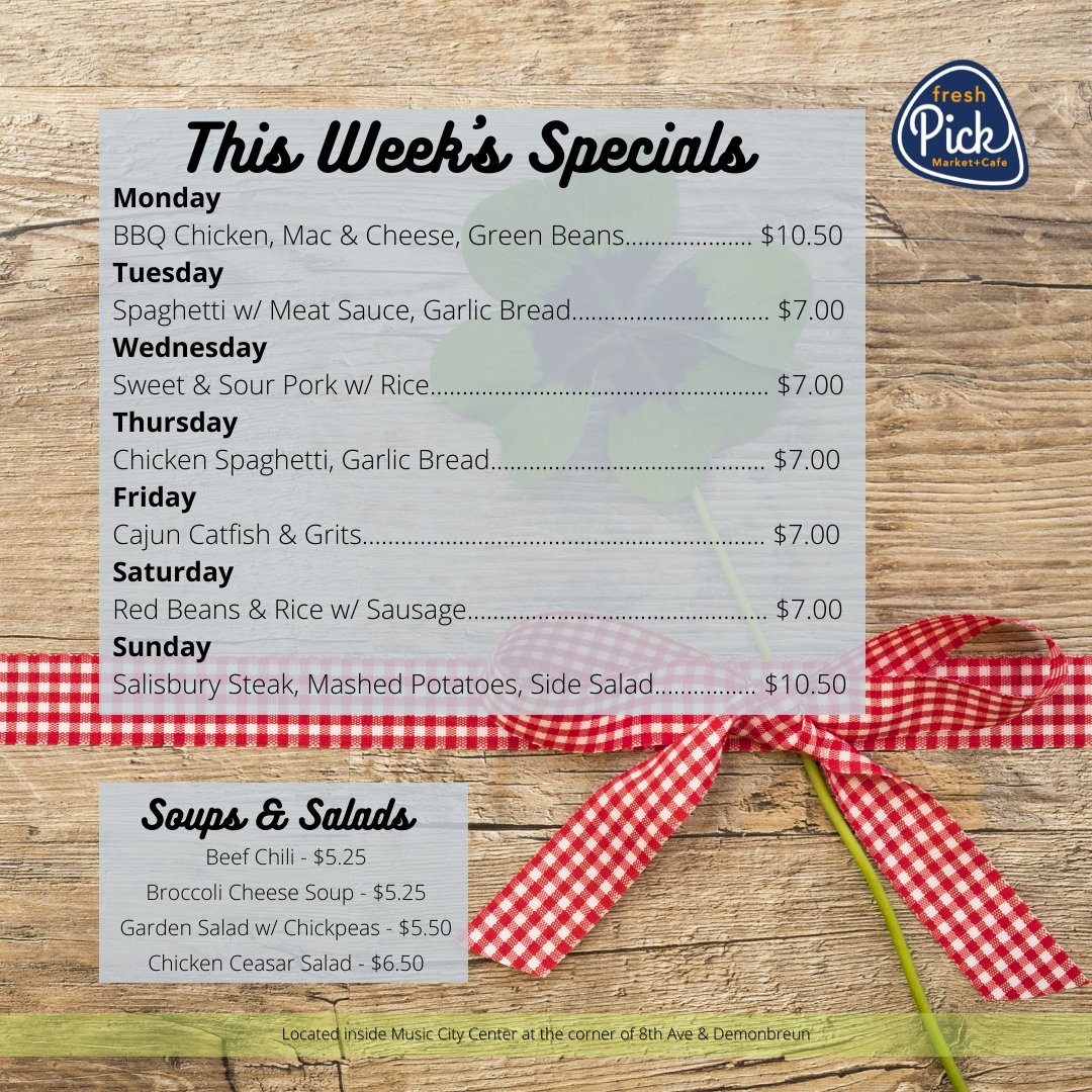 musiccitycenter's tweet photo. Feast your eyes on these deals. 👀 Then stop by @pick_cafe &amp; feast! 😋#downtownnashville #dailyspecials #letsEAT https://t.co/cFEk726AzF