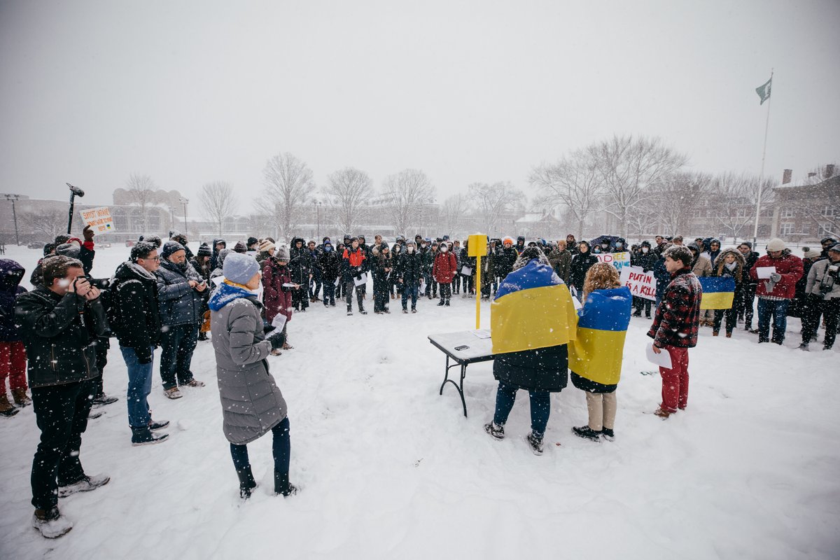 dartmouth's tweet photo. On Friday, Dartmouth community members gathered on the Green to support Ukraine and condemn the Russian invasion of the country. https://t.co/lg7X3kc6ca