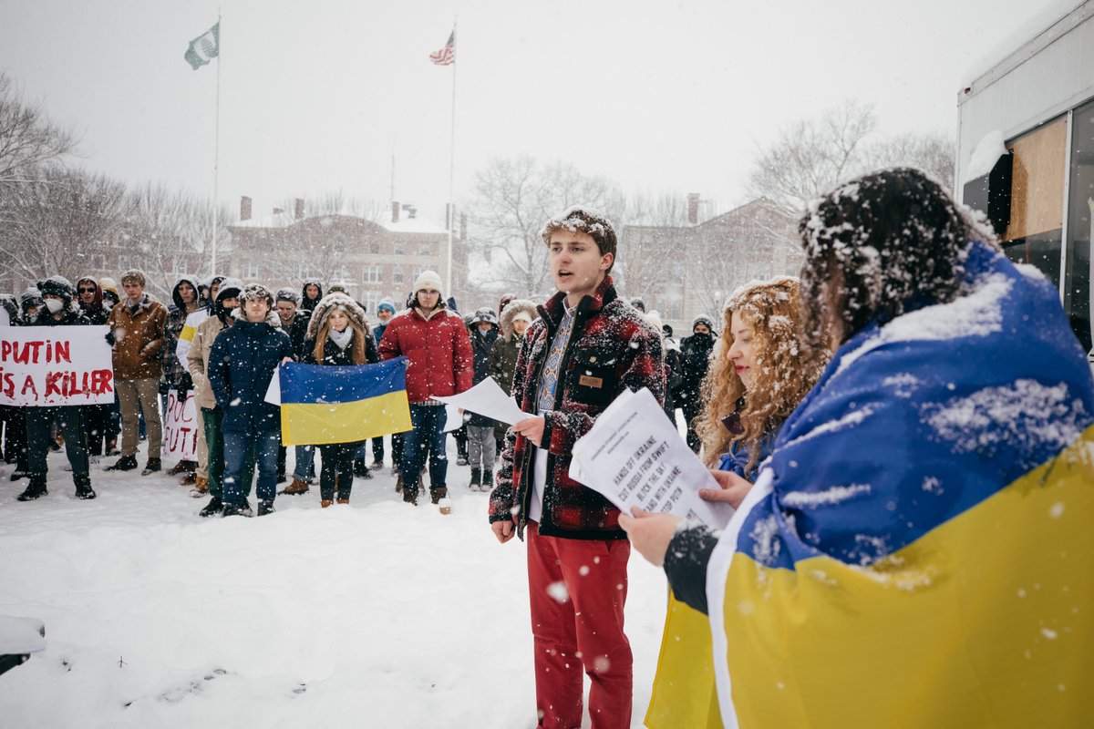 dartmouth's tweet photo. On Friday, Dartmouth community members gathered on the Green to support Ukraine and condemn the Russian invasion of the country. https://t.co/lg7X3kc6ca