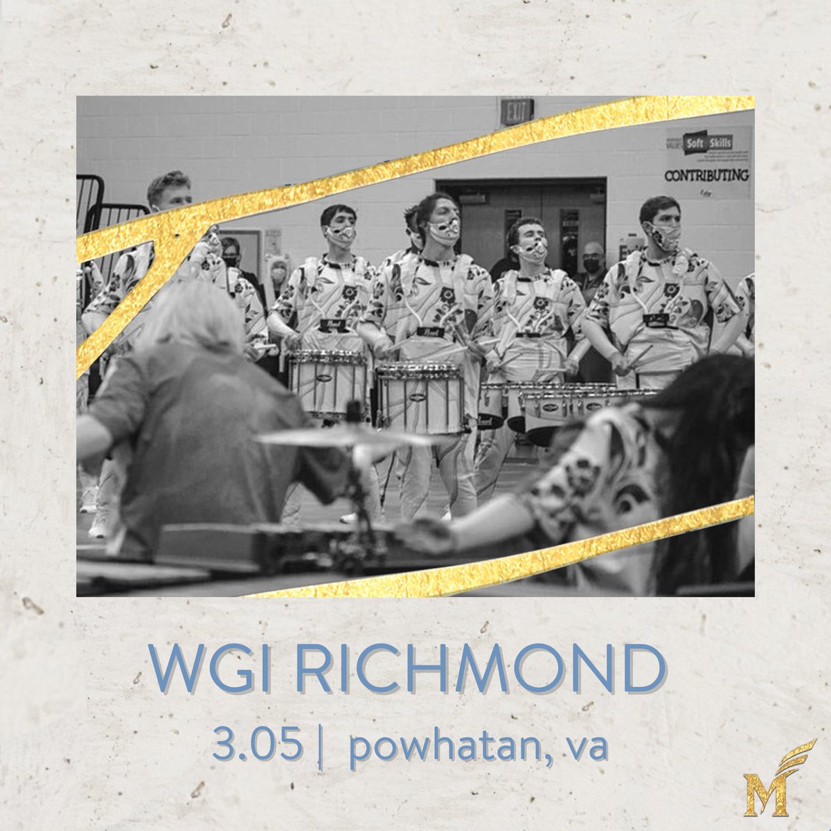GMU_Drumline's tweet photo. We're excited to be at #WGIRichmond this weekend! 🎶
Prelims performance time: 1:44 pm.
Tag someone you'll see at the show 👀
#GMUID22 #GMUIndoorDrumline #music #MasonNation #GMUGreenMachine #NothingLost #WGI #AIA #RVA #Richmond #percussion #GMUID @WGItweets @WGIpercussion https://t.co/b8XF5obD89
