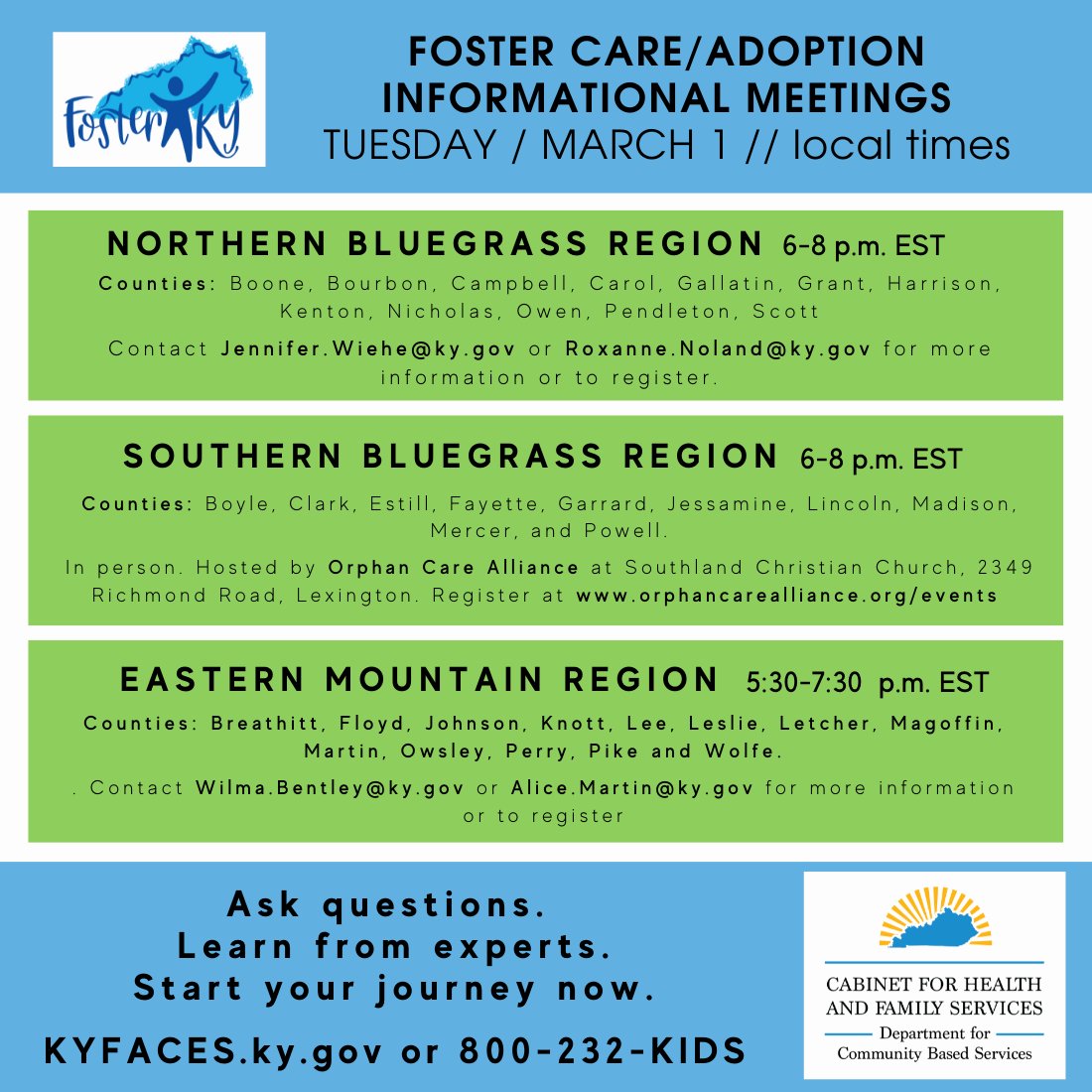 KyDCBS's tweet photo. We have 3 foster/adoption information meetings tomorrow night - in Northern Bluegrass, Eastern Mountain and Southern Bluegrass cohosted with @OCAkids! Check for your county + sign up! You can change a child’s life. #fosterky #adoptky #NorthernBlue #SouthernBlue #EasternMountain https://t.co/oexs16j5Eu