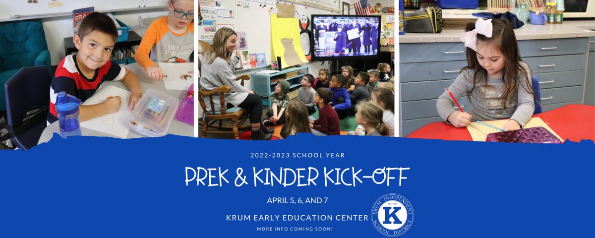 KrumBobcats's tweet photo. Mark your calendars! 
PreK and Kinder Kick-Off for 2022-2023 will be April 5, 6, &amp; 7!
More info coming soon. https://t.co/Uz2A1Ujcyj