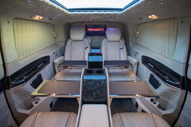 Senzati Jet Class with Twin Consoles finished in Silk Beige and Ivory! This Jet Class has been fitted with loads of extras such as curtains, electric seats, 240V sockets, sunroof blind, electrically moveable centre console and an additional tv screen for rear facing passengers!