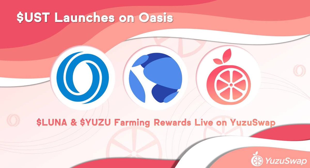 Yuzu_Swap's tweet photo. Season 2 of Yuzuswap's Dual Yield Farming is LIVE on @OasisProtocol  Yuzuswap is proud to announce 2 new pools: UST/wROSE and UST/YUZU. These pools are eligible for trade mining as well as liquidity mining rewards in both $YUZU and $LUNA - courtesy @terra_money https://t.co/dJvD7KO7Ca