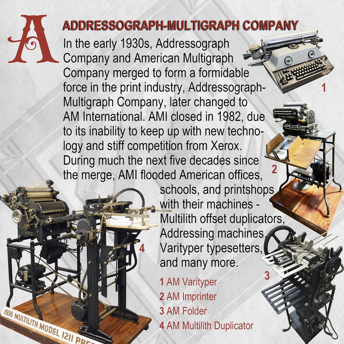 HowardIronWorks's tweet image. Shining a light on a formidable name from the past – Addressograph-Multigraph Company, later changed to AM International. At @HowardIronWorks , AMI is represented by several fine examples of the early models restored by the late Al Jenkins. #printinghistory #duplicator #Multi