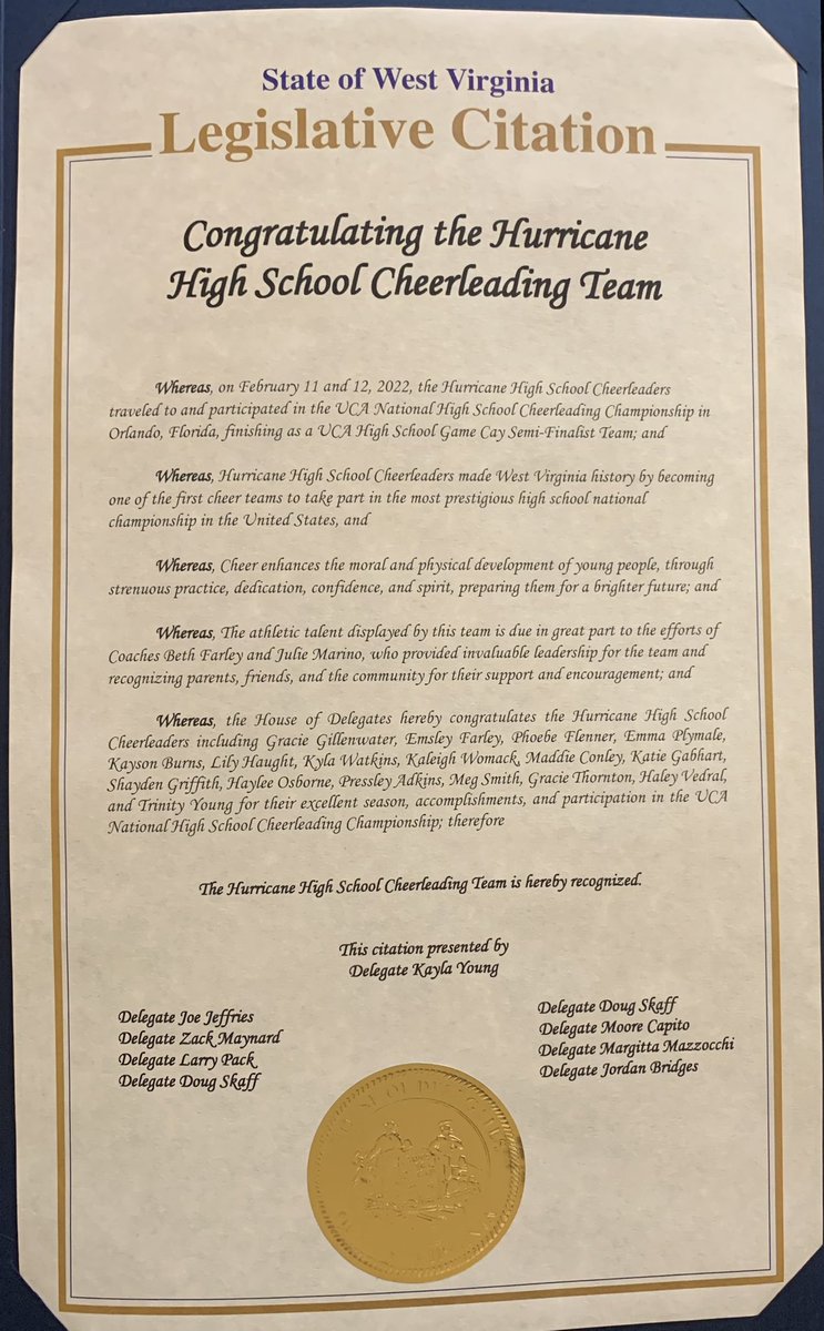 What an honor to be recognized by the WV senate and Governor Justice for being one of the first teams to attend UCA Nationals.