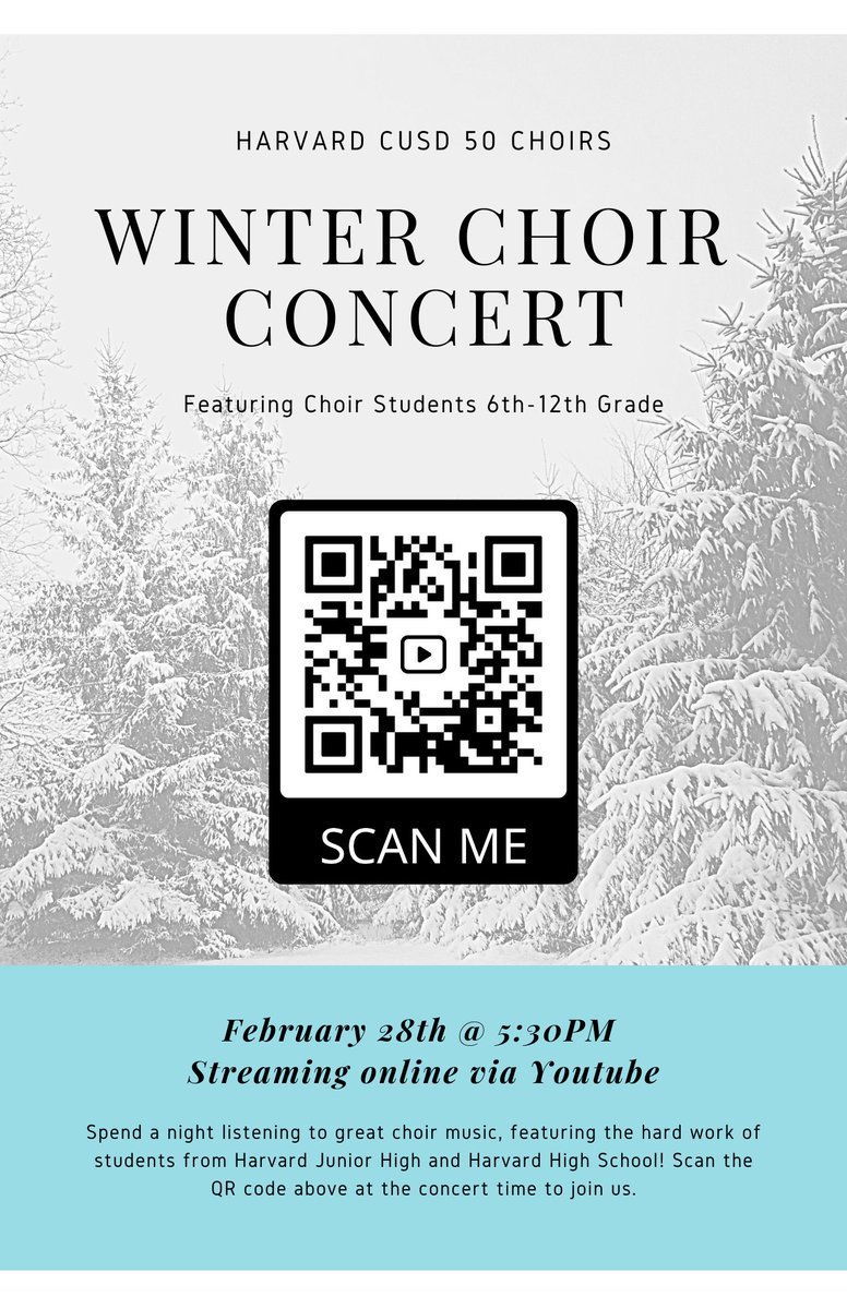 HarvardChorus's tweet photo. Harvard High School Choirs would like to invite you to join us virtually to support our students at tonight’s Winter Choir Concert. We will also be performing along side the Junior High School Choirs, please join us at 5:30 pm to hear some amazing music!!! https://t.co/0ukpox4BU9